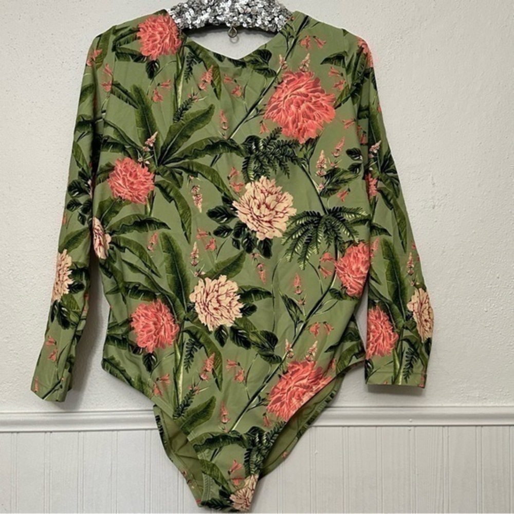 Agua bendita x Target peony green pink long sleeve one piece swimsuit